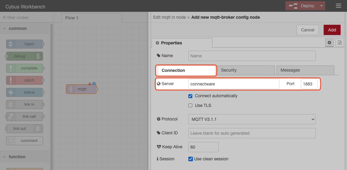 Node-RED MQTT connection configuration