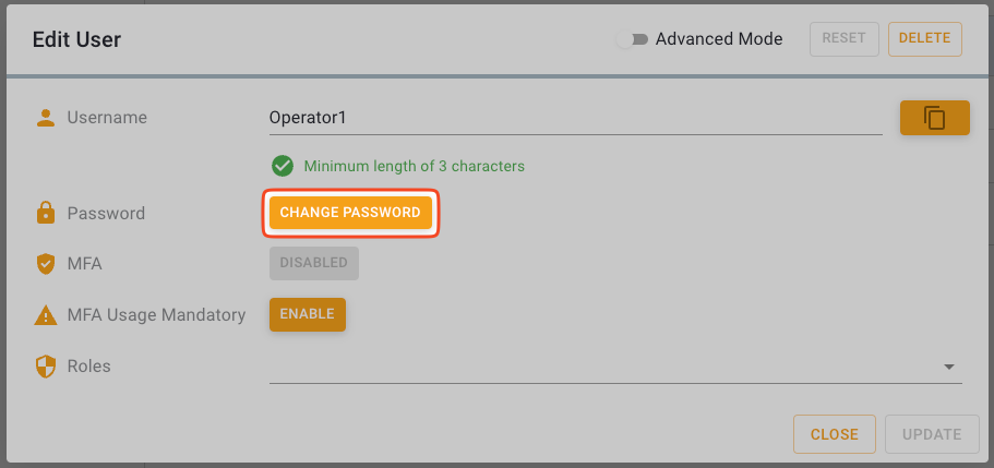 Change Password button